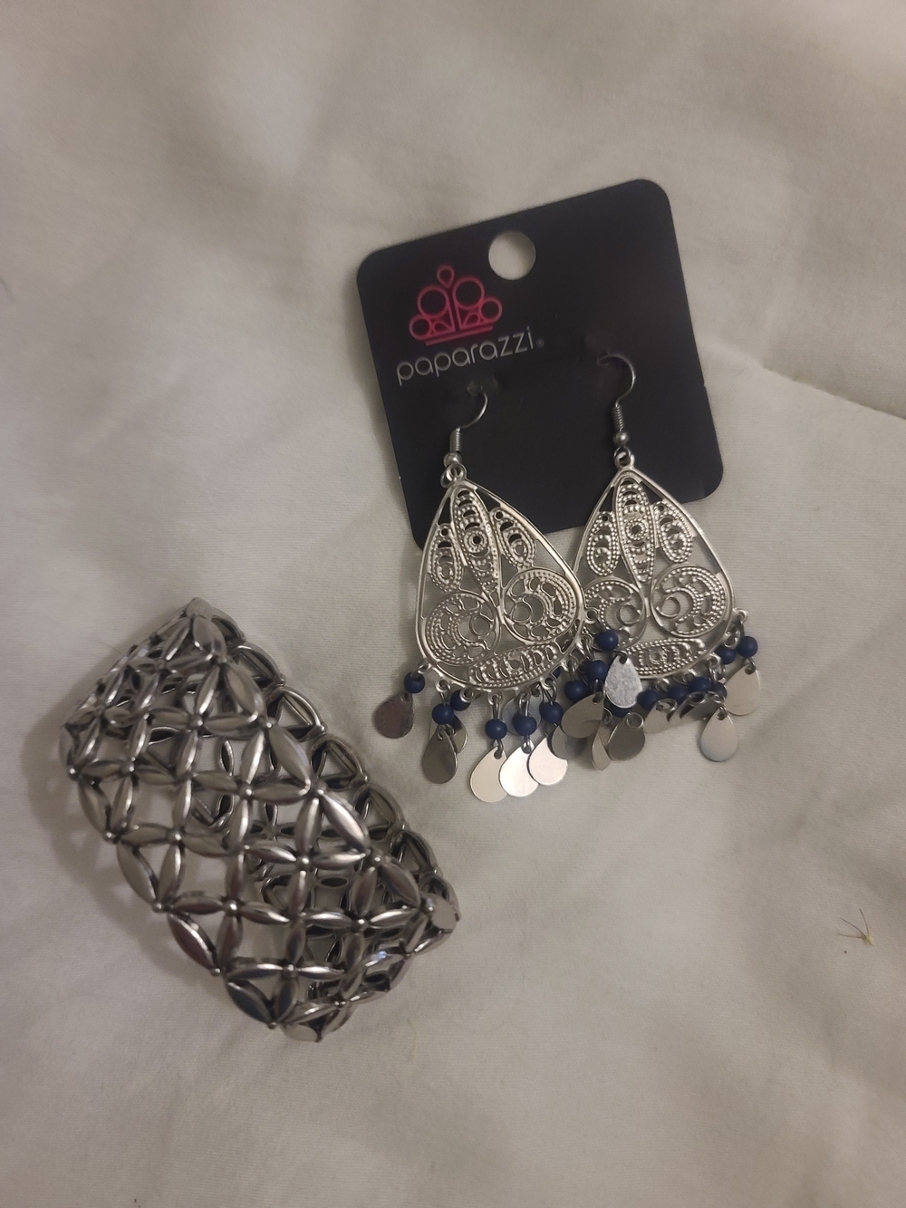 paparazzi Silver Filigree Teardrop Earrings with Blue Accents And Bracelet